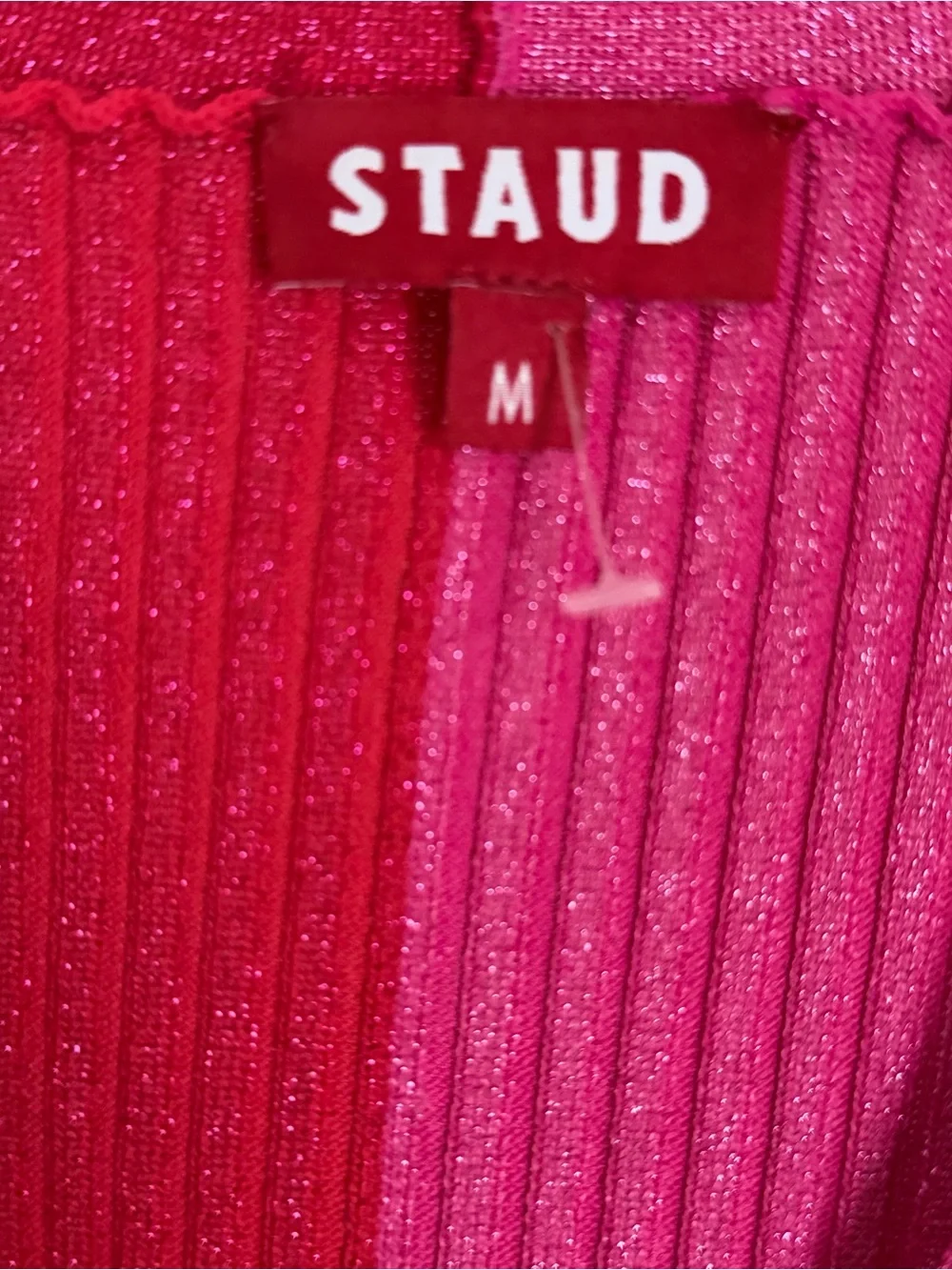 NWOT STAUD Colorblock Rib-Knit Button-Down Metalic  Dress - Pink & Red - Picture 8 of 10